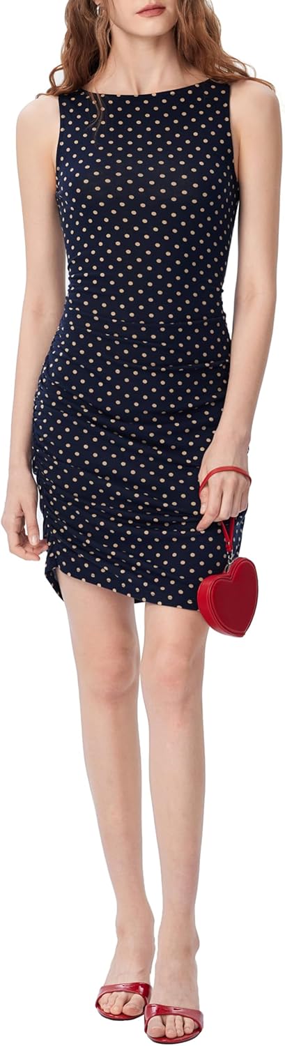 CIDER Women Sleeveless Polka Dot Mini Dress Ruched Bodycon Boat Neck Cocktail Party Dresses - Image 2