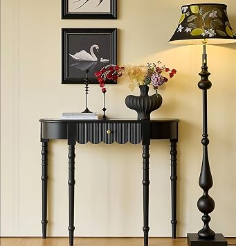 Solid Wood Half Moon Console Table - with Drawer, Traditional Elegant Vintage Sofa Table, Farmhouse Foyer Table for Living Room, Hallway, Entryway (Black, 1-Tier)