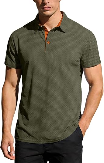 Mens Textured Short Sleeve Polo Shirt Contrast Trim Collared T-Shirt Breathable Relaxed Fit Casual