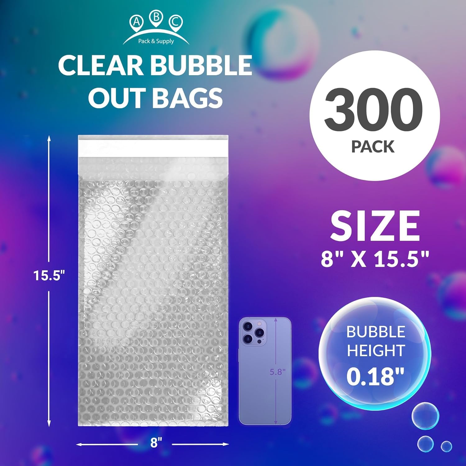 ABC PACK & SUPPLY Clear Bubble Out Bags, 8 x 15.5 Inches. Pack of 300 Polyethylene Self Seal Bubble Pouches. Cushioning Clear Bags for Packing Envelopes.