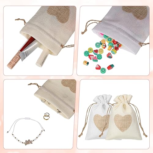 Miniatura 7 de Zhengmy 100 bolsas de arpillera de corazón de 4 x 6 pulgadas, bolsa de regalo de lino con cordón, mini bolsa de arpillera con cordón para joyería de