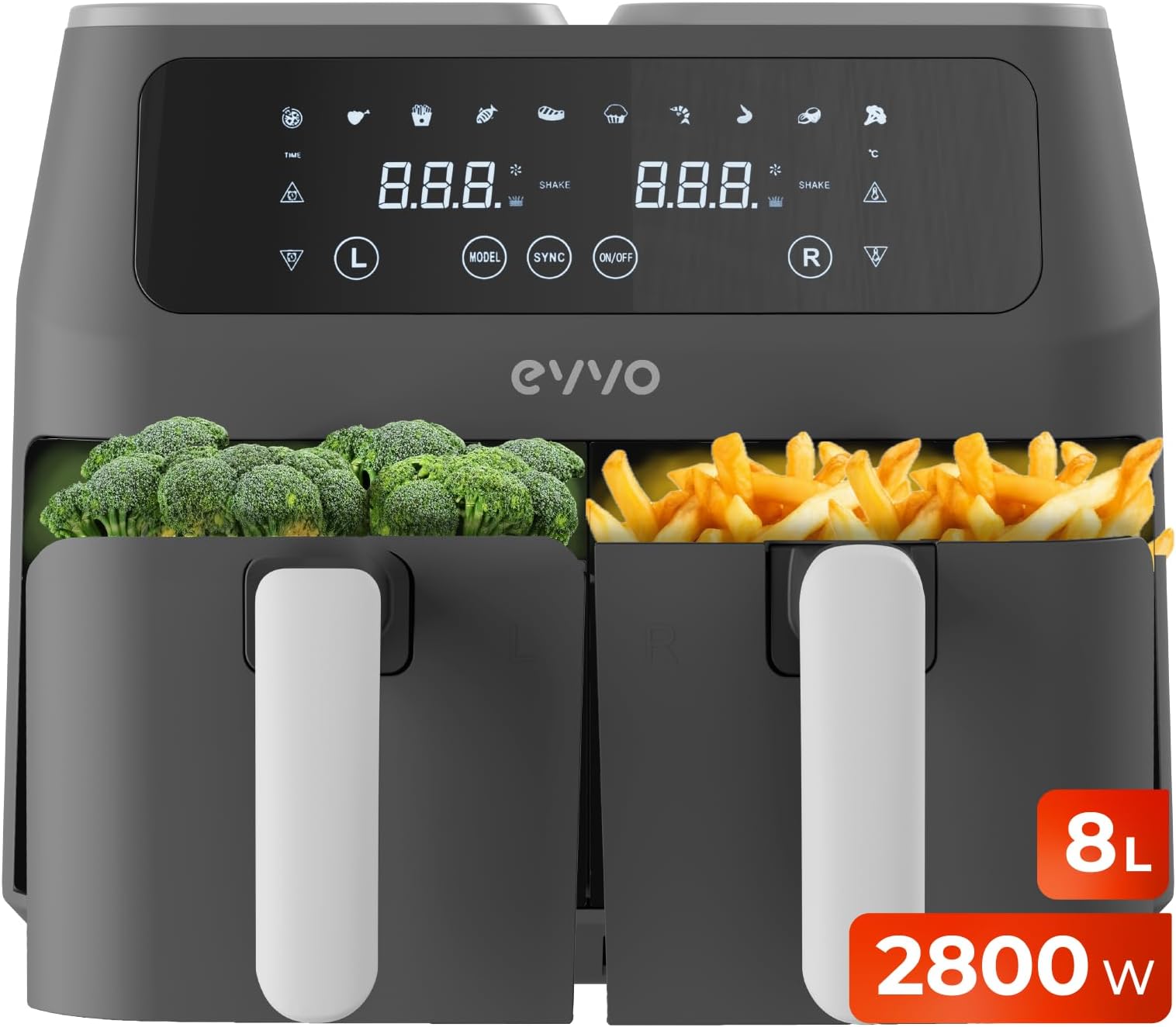 8L, 2800W, Double Basket, Non-Stick, Dual Cyclone, 10 Programs, Oven, Dehydrating, Defrost, Up to 200ºC (Black)