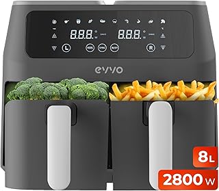 EVVO Friggitrice ad aria senza olio da 8 l, 2800 W, doppio cestino, ciotola antiaderente, tecnologia Dual Cyclone, 10 prog…
