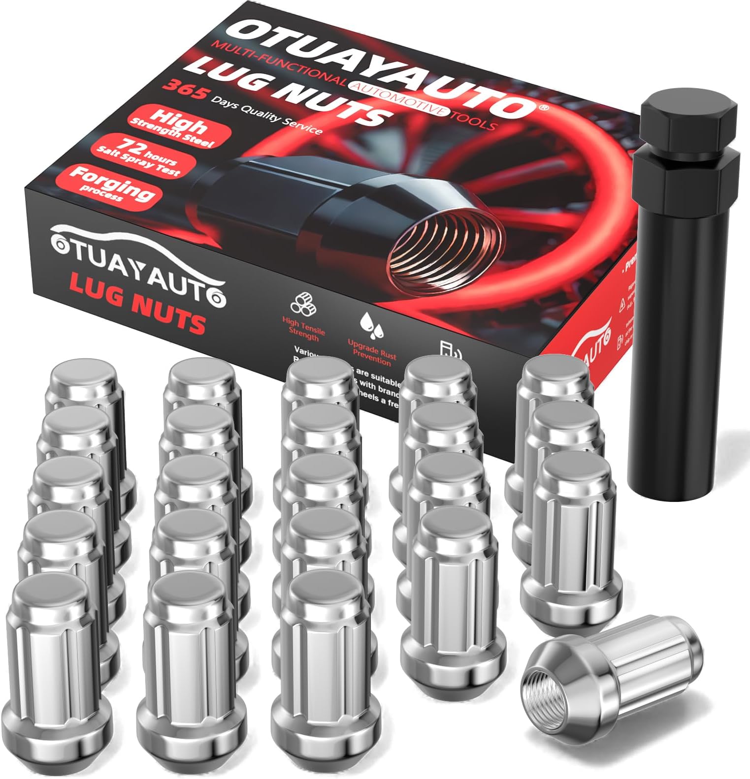 OTUAYAUTO 1/2-20 Lug Nuts - 23PCS Chrome 1/2-20 Spline Wheel Lug Nut with Socket Key, Cone Seat, 17mm Hex, Replacement for Jeep Liberty, Grand Cherokee, Wrangler, Comanche Aftermarket Wheels