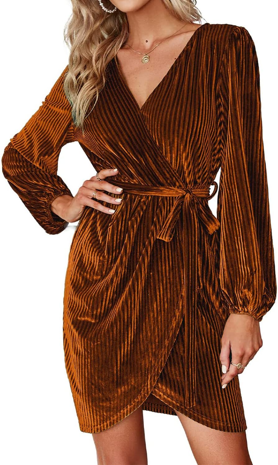 Women's Long Sleeve Wrap Semi Formal Velvet Mini Dress Sexy Cocktail Party Winter Club Dress