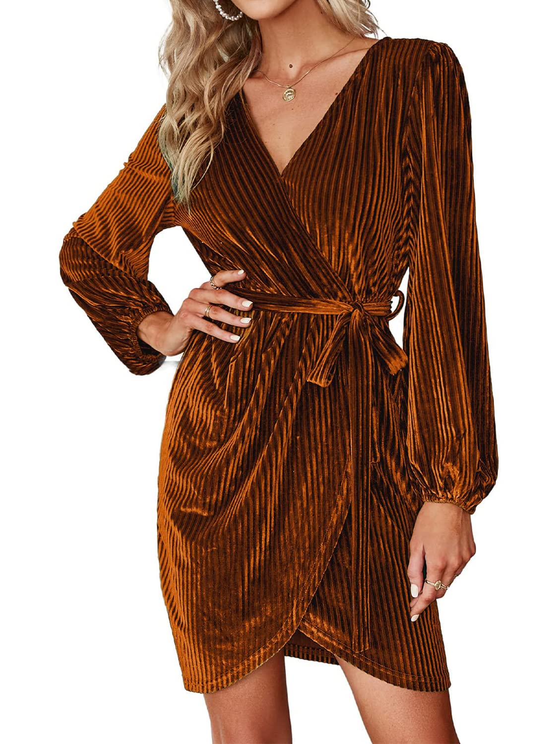 BerryGo Womens Long Sleeve Wrap Semi Formal Velvet Mini Dress Sexy Cocktail Party Winter Club Dress