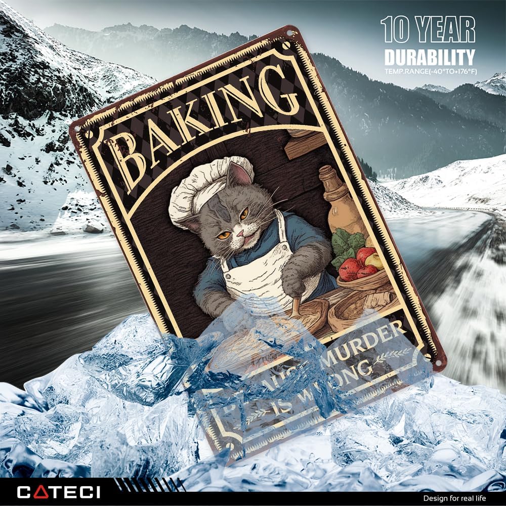 Man Cave Sign Decor Cat Baking Because Murder Is Wrong Tin Sign Funny Wall Decorvintage Room Decorcoffee Bar Decorcute Office Supplies For Women Desk Vintage Metal Signs Funny Bar For Man Cave(20X30CM) image 4