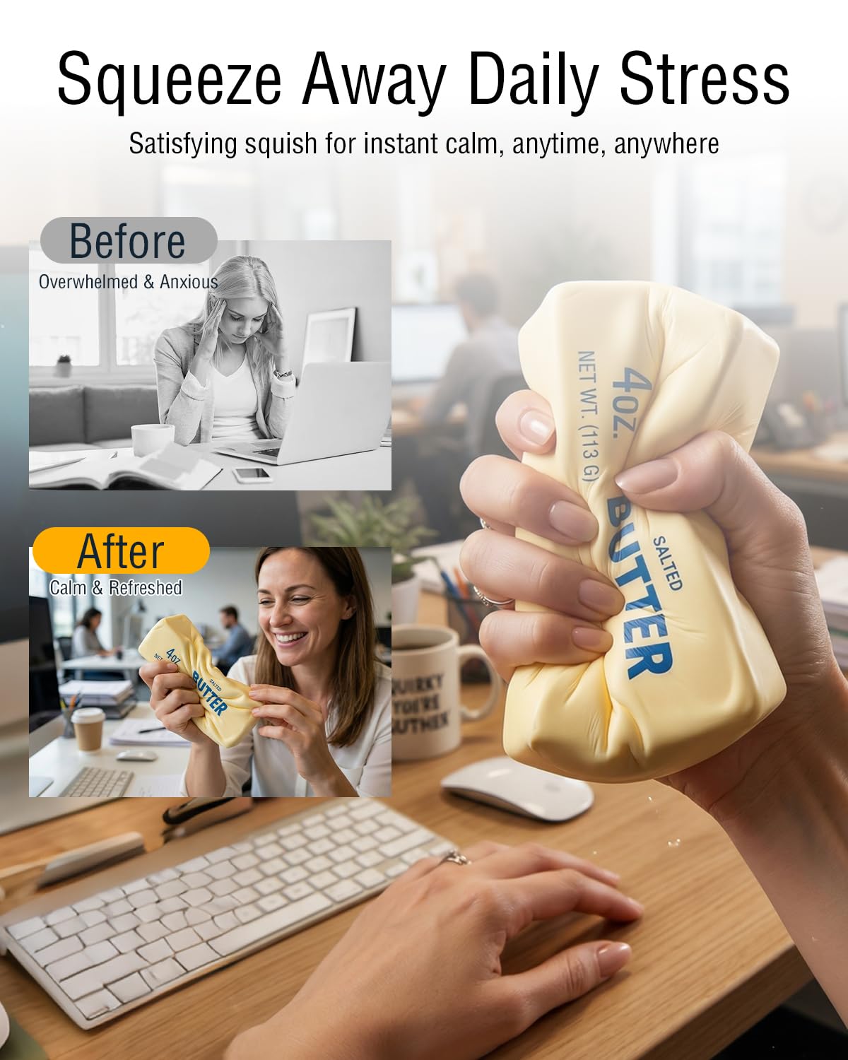 2Pcs Butter Squishy Stress Gadget for Adults, Slow Rebound Sensory Fidget, 5.5 × 1.4 inch Cute Realistic Butter Stick Shape, Funny Themed Desk Decor for Office & Home - 5