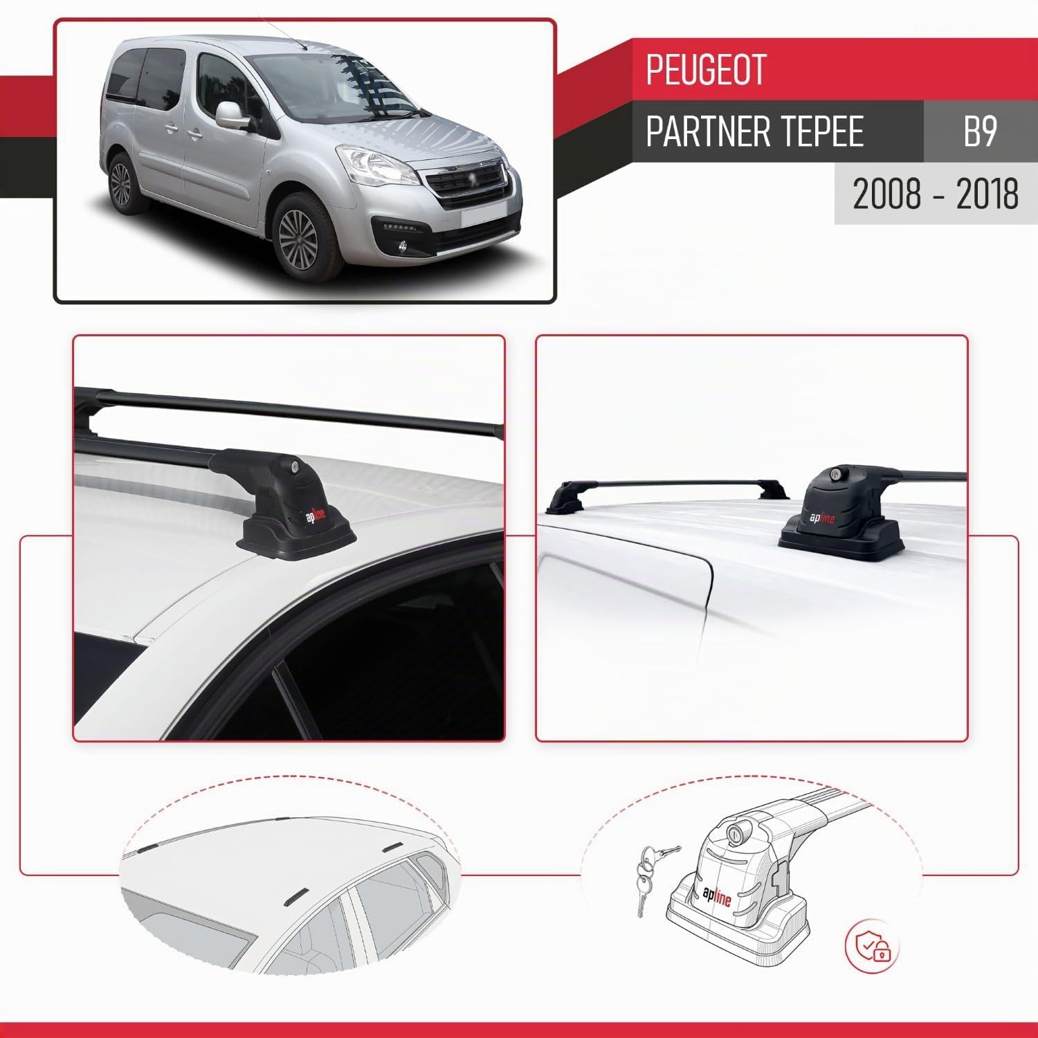 Compatible con Peugeot Partner Tepee (B9) 2008-2018 Modelo Ace-3 Barra de Techo Auto Portaequipajes Barras Transversales Negro Aluminio 2 Barras
