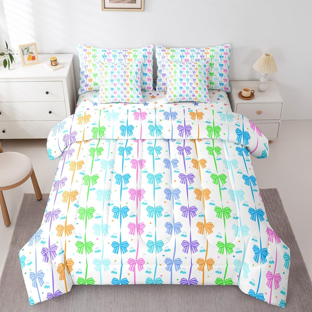 Feelyou Rainbow Bowknot Comforter Set with Sheets Cute Bow Tie Full Size 7 Piece Bedding Set for Kids Princess Girls Aesthetic Coquette Bed in a Bag