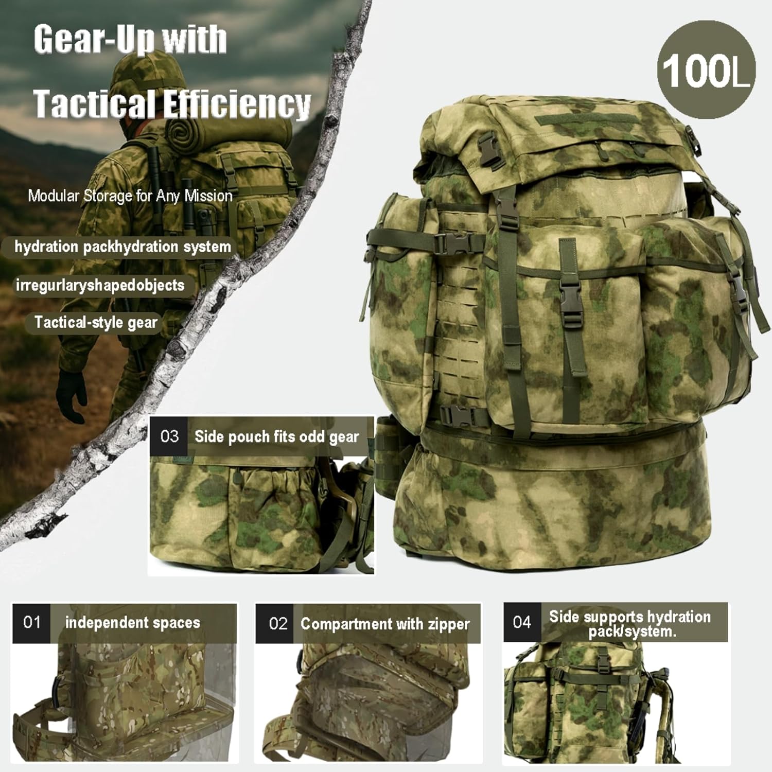 MT FILBE 100L Modular Rucksack System Military Ruck with External ABS Frame, Detachable Assault Pack & Hydration Carrier - Image 4