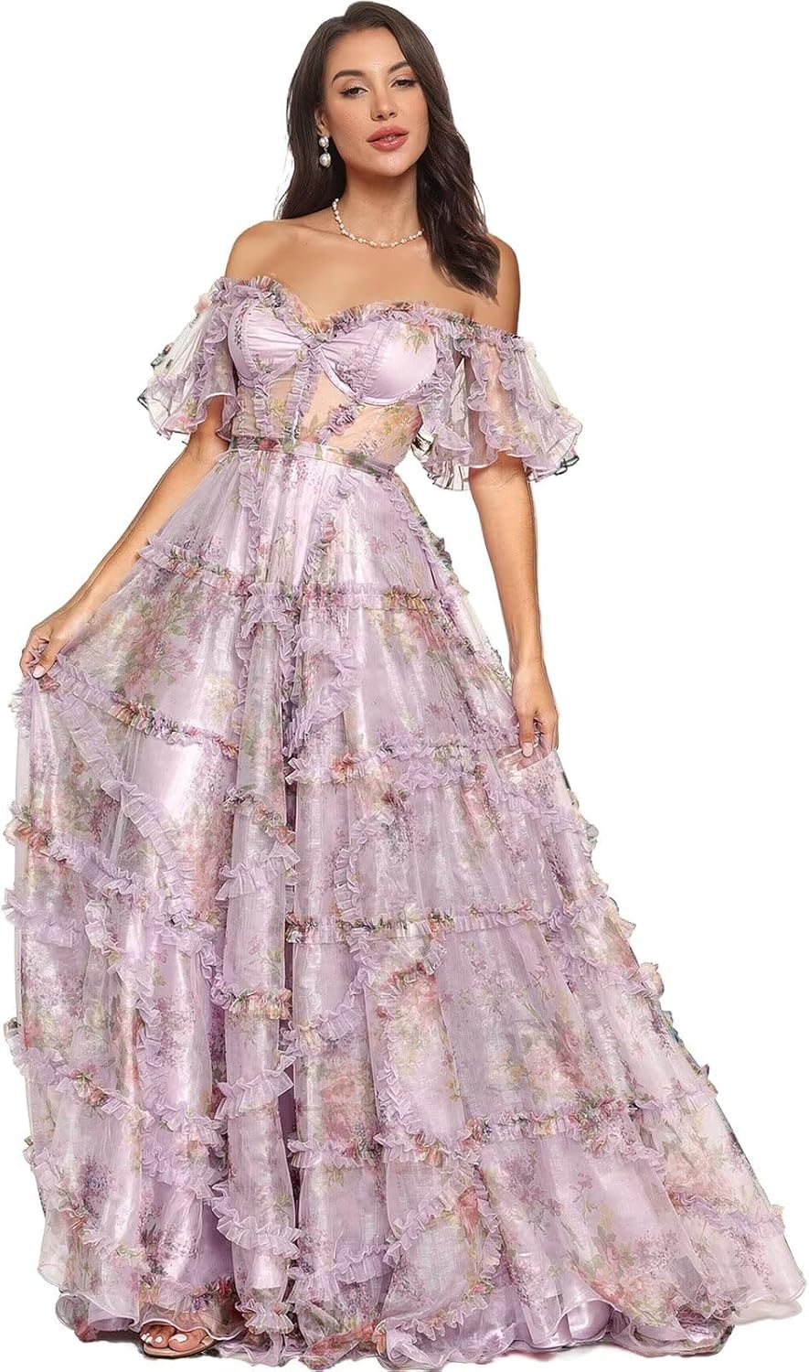 Women Off The Shoulder Ball Gown Dresses Floral Ruffle Tiered Quinceanera Dresses Tulle Sweet 16 Dress with Bow