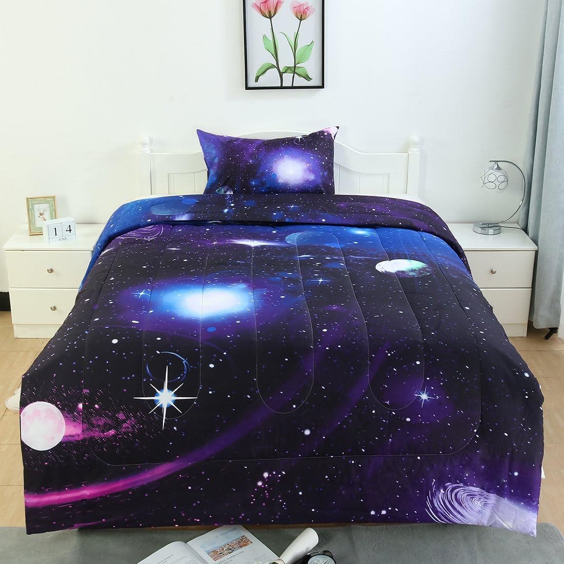 uxcell Twin Comforter Set Galaxies Purple Color - 3D Outer Space Themed Bedding - All Season Down Alternative Quilted Duvet - Reversible Design- Includes 1 Comforter and 1 Pillowcase