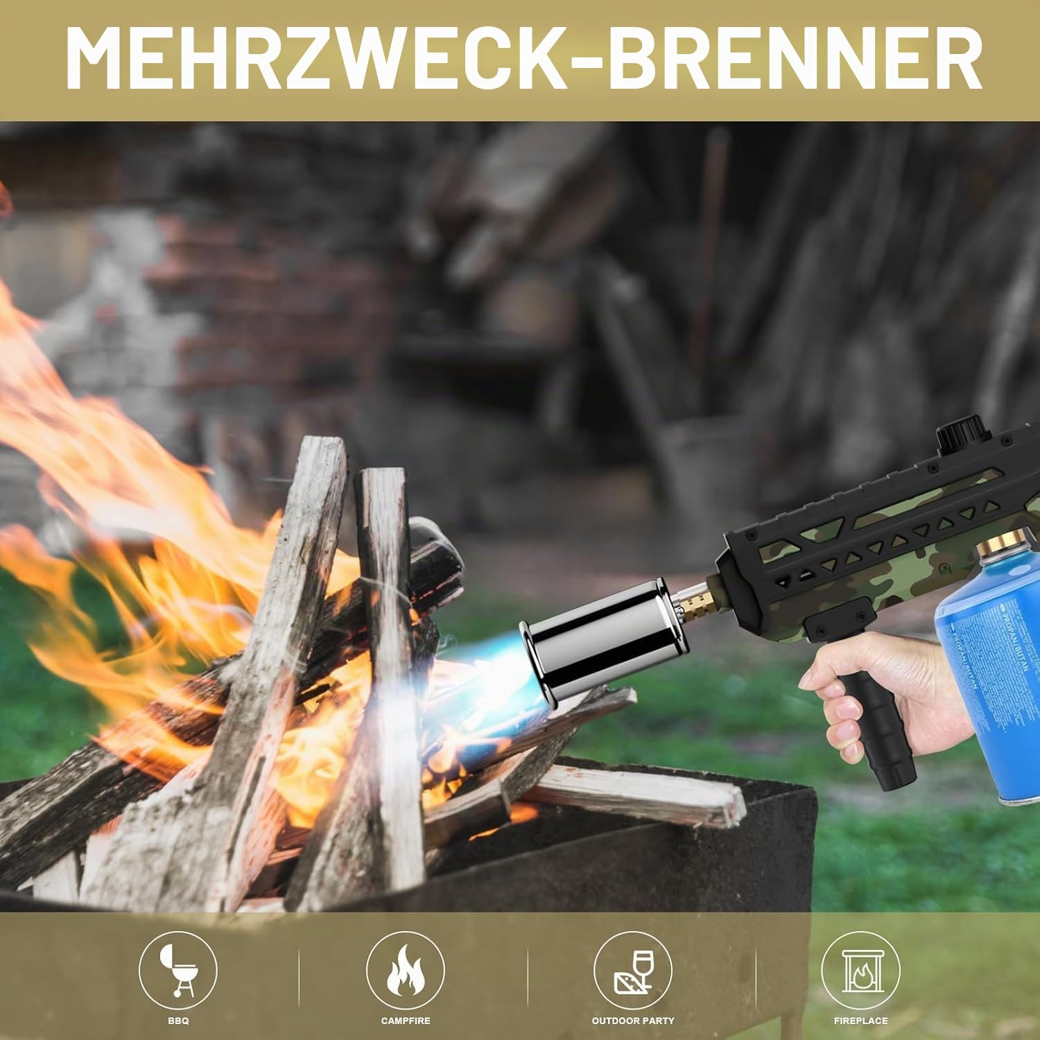 Sondiko Hochleistungs-Koch-Propanbrenner, Küchenbrenner & Lagerfeuer-Anzünder, Verstellbarer Brenner zum Anbraten von Steak, Grillen, Schweißen (Propantank nicht im Lieferumfang)