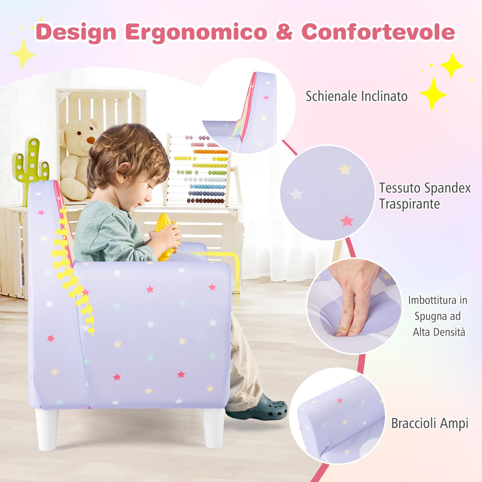 COSTWAY Divano per Bambini a Forma di Unicorno 55 x 40 x 55cm, Poltrona Imbottita con Tessuto Elastico Traspirante e Riempimento in Spugna, Mobile Moderno per Cameretta (Lilla)
