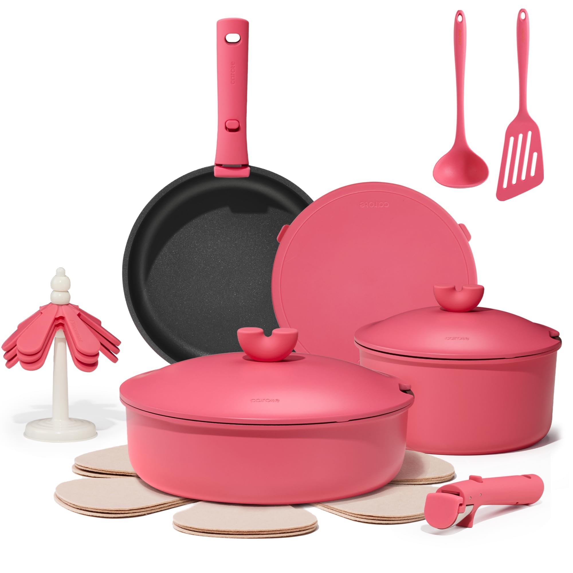 CAROTE24pcs Pots and Pans Set Non Stick, Nonstick Cookware Set, Oven/Dishwasher/Fridge Safe Pots and Pans, RV Safe Cookware, Induction Kitchen Gift Set Detachable Handle, PinkRecycled Claim Standard Blended