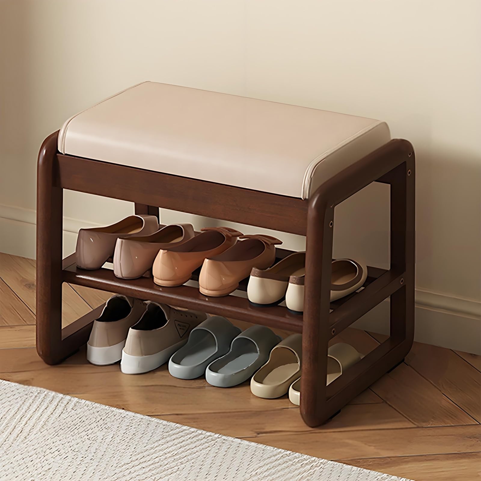 WJFTODAY Modern Rubberwood Shoe Bench with Leather Cushion 2 Tier Storage Ottoman for Entryway Bedroom & Living Room Stylish Narrow Foot Stool for Hallway nization