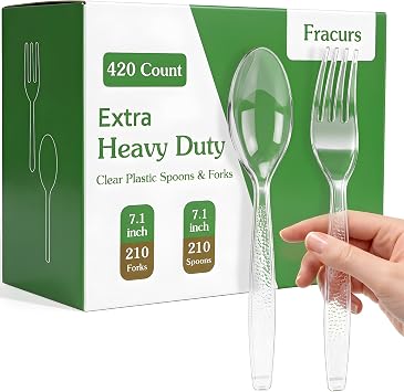 420 Count Extra Heavy Duty Plastic Forks and Spoons, 210 Clear Spoons & 210 Clear Forks, BPA-Free & Heat Resistant, Premium Disposable Plastic Silverware for Parties, Events and Everyday Use