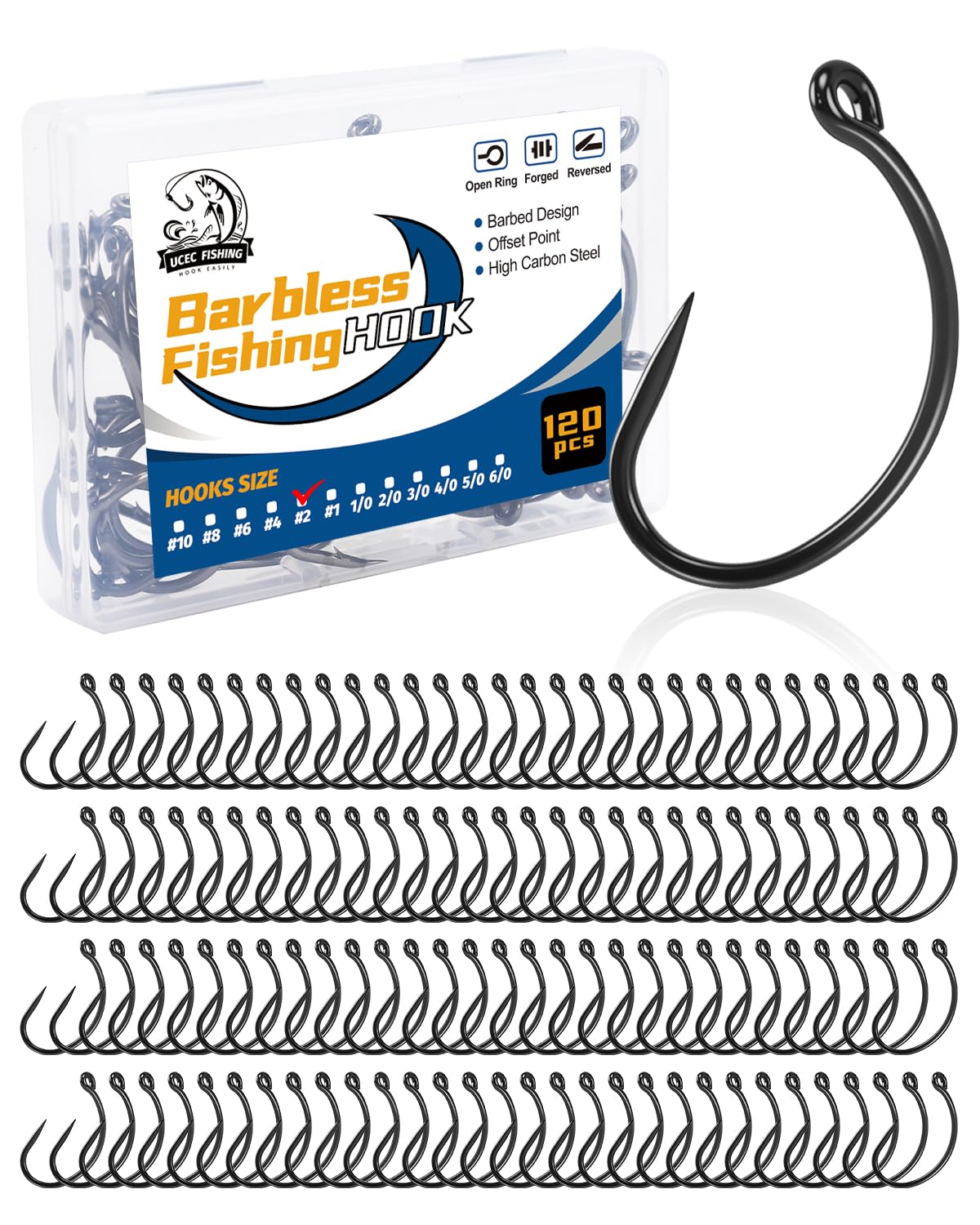 UCEC 190/220/260PCS Barbless Fishing Hooks, Carp Hooks Circle Curve Shank Fly Tying Fishing Hook Tackle Kit for Freshwater Saltwater Hair Rig Trout Size: 2# 4# 6# 8# 10#