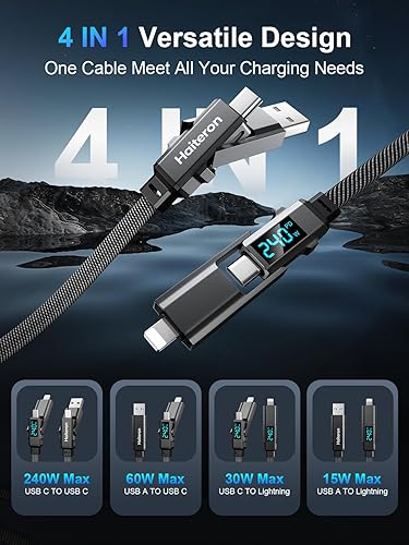 Vista 2 de Cable de carga 4 en 1 de 3 pies, 240 W USB C a USB C, cable de carga rápida trenzado plano para iPhone, cable de carga USB A/C a C/L con pantalla