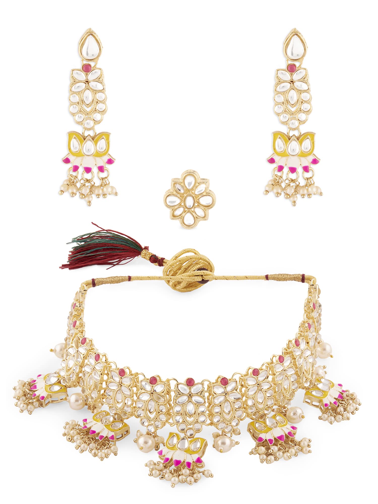 ZAVERI PEARLS Yellow & Pink Meenakari Lotus Drop Kundan Choker Necklace Earring & Ring Set For Women-ZPFK13197 (B09ZGXYKZS) Amazon Price History, Amazon Price Tracker
