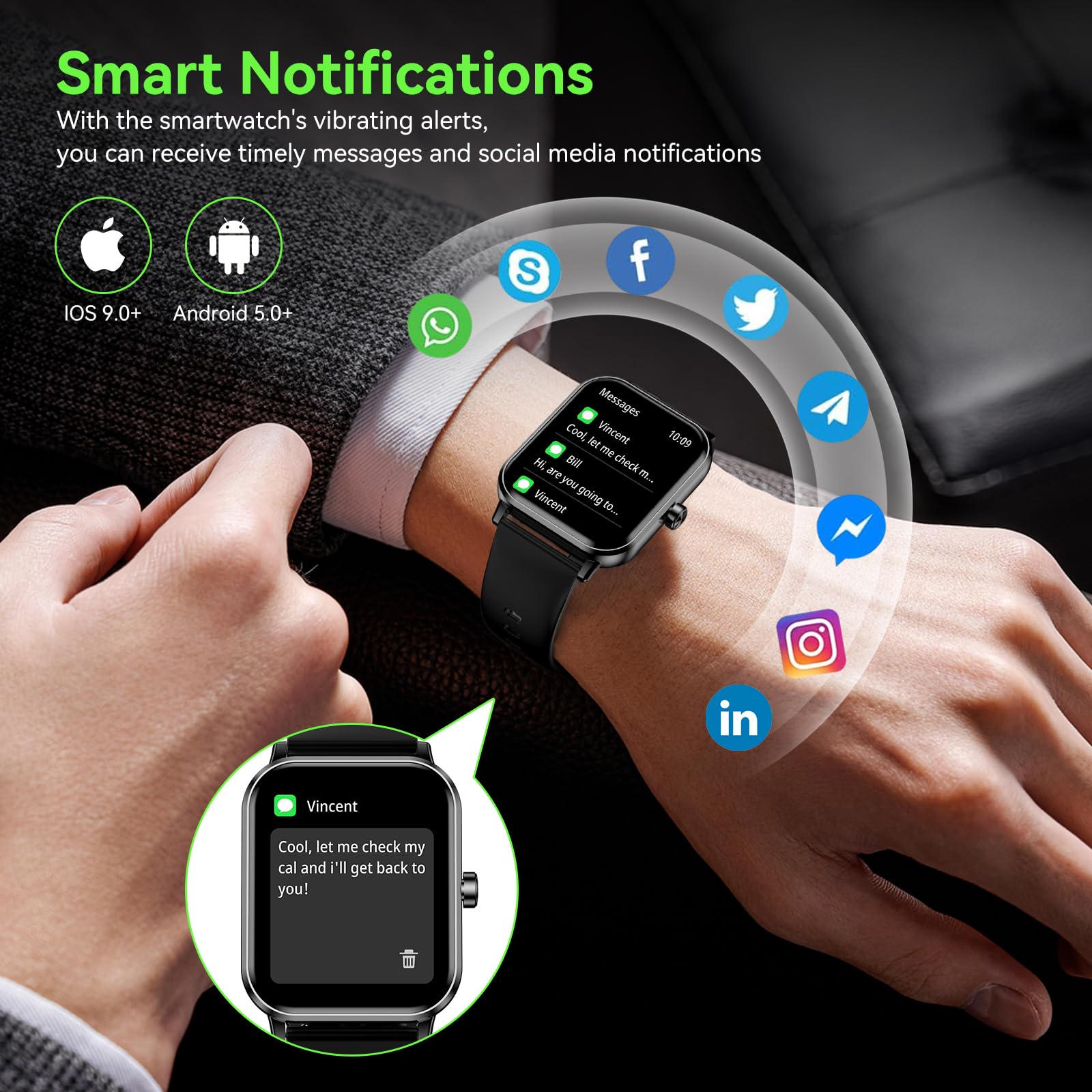 Smart Watch for Men Women, 1.85" HD Fitness Tracker with Bluetooth Calls, IP68 Waterproof, 120+ Sport Modes, 24/7 Heart Rate/Sleep Monitor, Pedometer, Calories, Smartwatch for iOS Android (Black)
