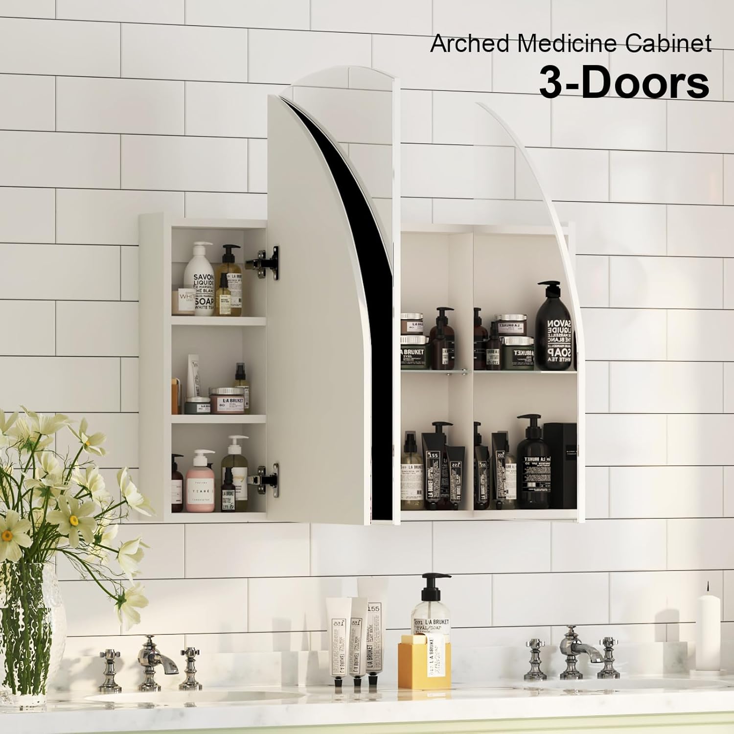 Arched Medicine Cabinet,3 Doors, Bathroom Medicine Cabinet with Mirror,Large Mirror Cabinet Wall-Mounted with Storage, Surface Mount,47x31Inch