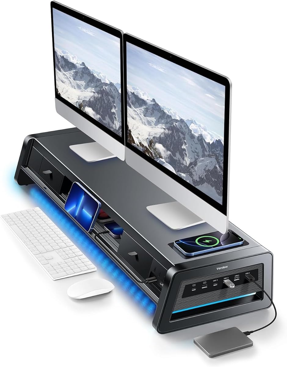 Vaydeer All-in-One Dual Monitor Stand Riser with 2 Drawers, 8USB Ports and Wireless Charging Pad with LED Light Strip for 2 Monitors , Desk Organizer for PC, iMac (Metal, 39.3 inches)-Black