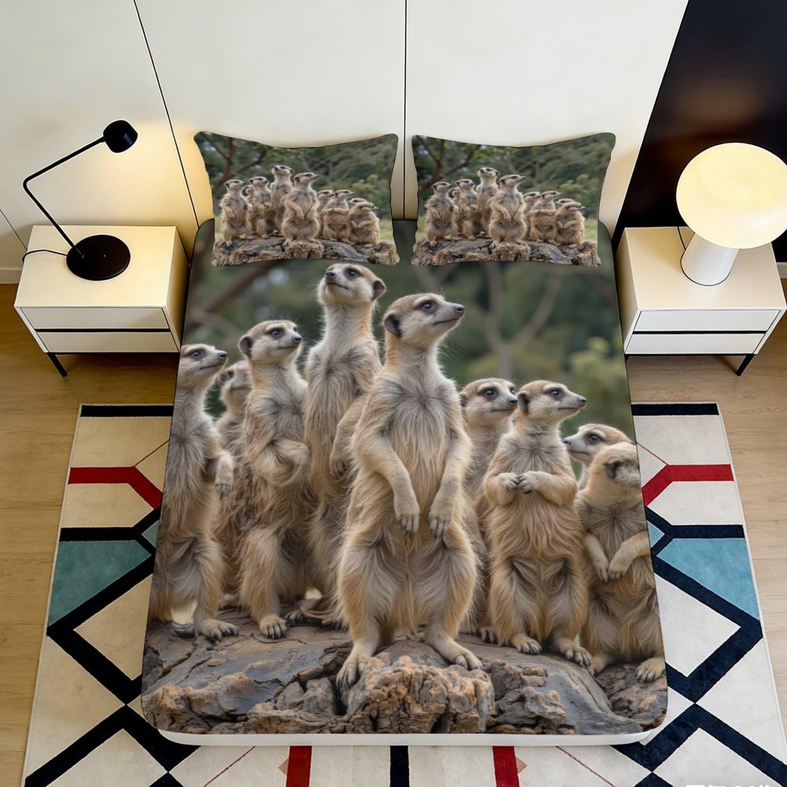 3D Printed Meerkat Group Fitted Sheet Microfiber Animal Wildlife Bed Cover for Bedroom Dorm Mattress Protection 90x200x25cm