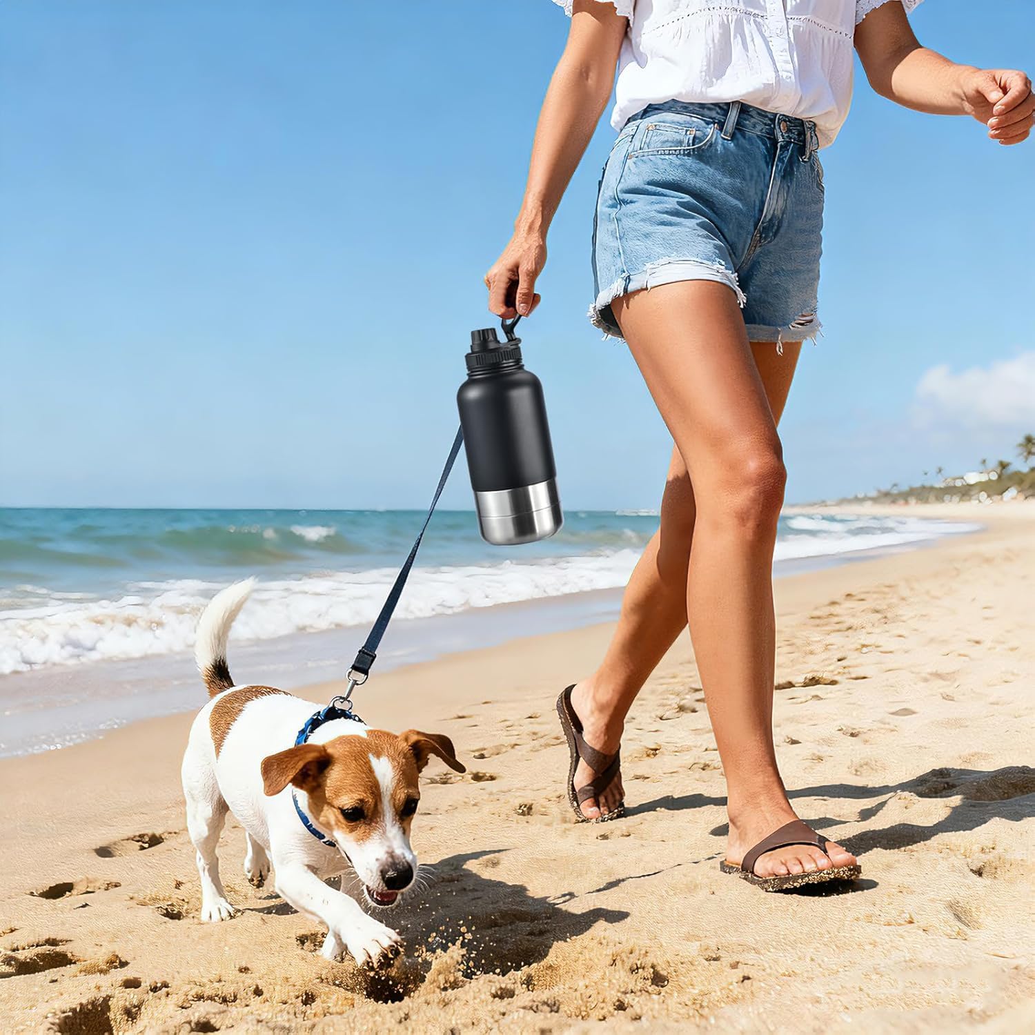 Portable Dog Water Bottle with Built-in Bowl, Leakproof Pet Travel Water Dispenser, 32oz Stainless Steel Dog Water Bottle for Walking, Hiking, Camping & Outdoor Travel