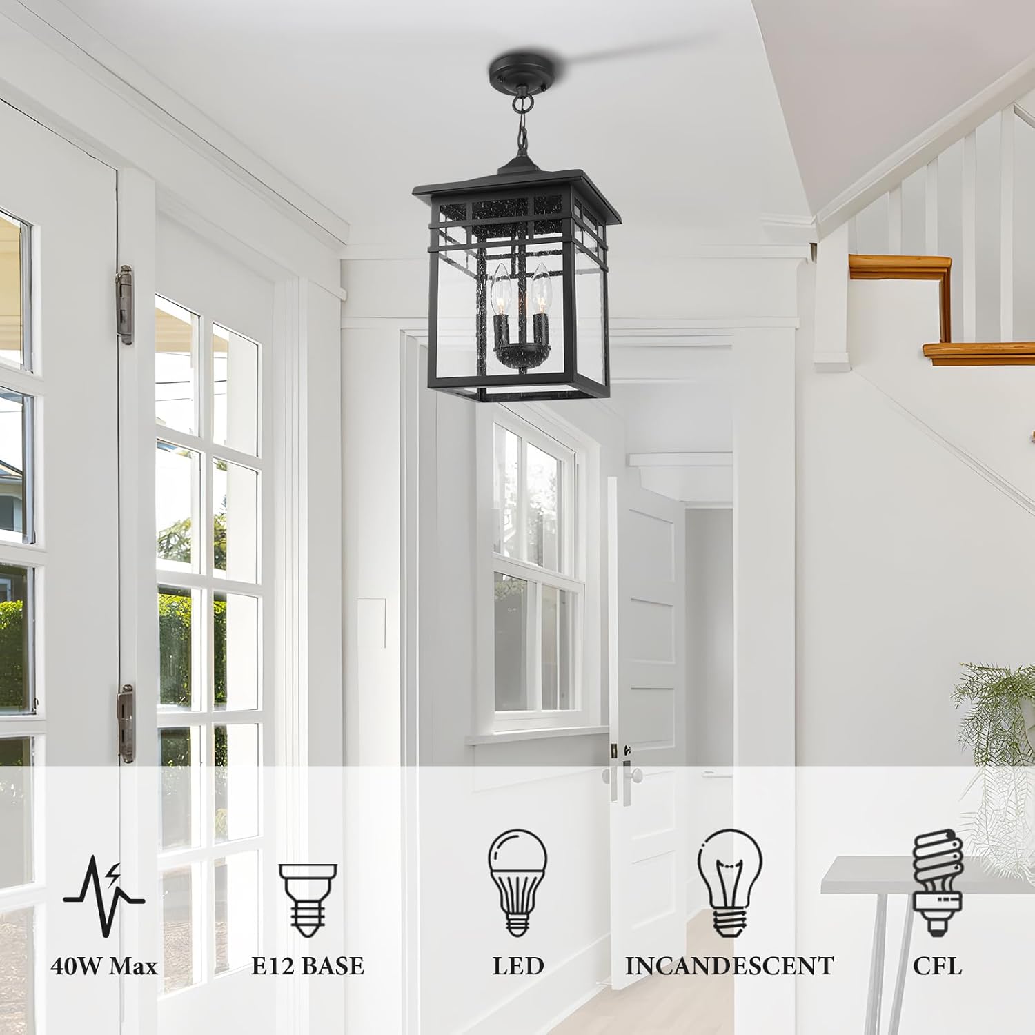 Outdoor Pendant Light Lantern for Front Porch, 10 Inch Large Black Exterior Hanging Chandelier Light Fixtures with Seeded Glass Shade for Patio, Garden, Backyard, Garage, Gazebo, Entryway