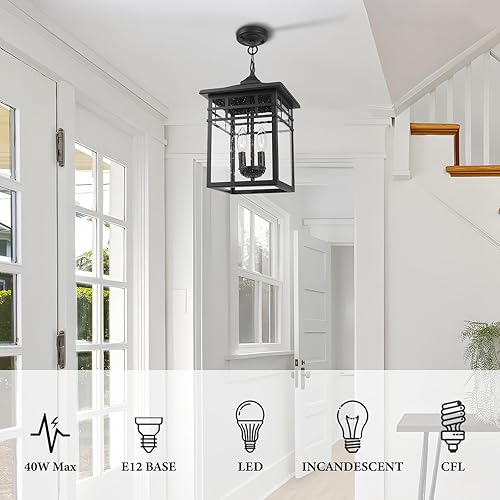 Miniatura 3 de Farol colgante para exteriores para porche delantero, 10 pulgadas, grande, negro, lámpara colgante con pantalla de vidrio sembrado para patio,