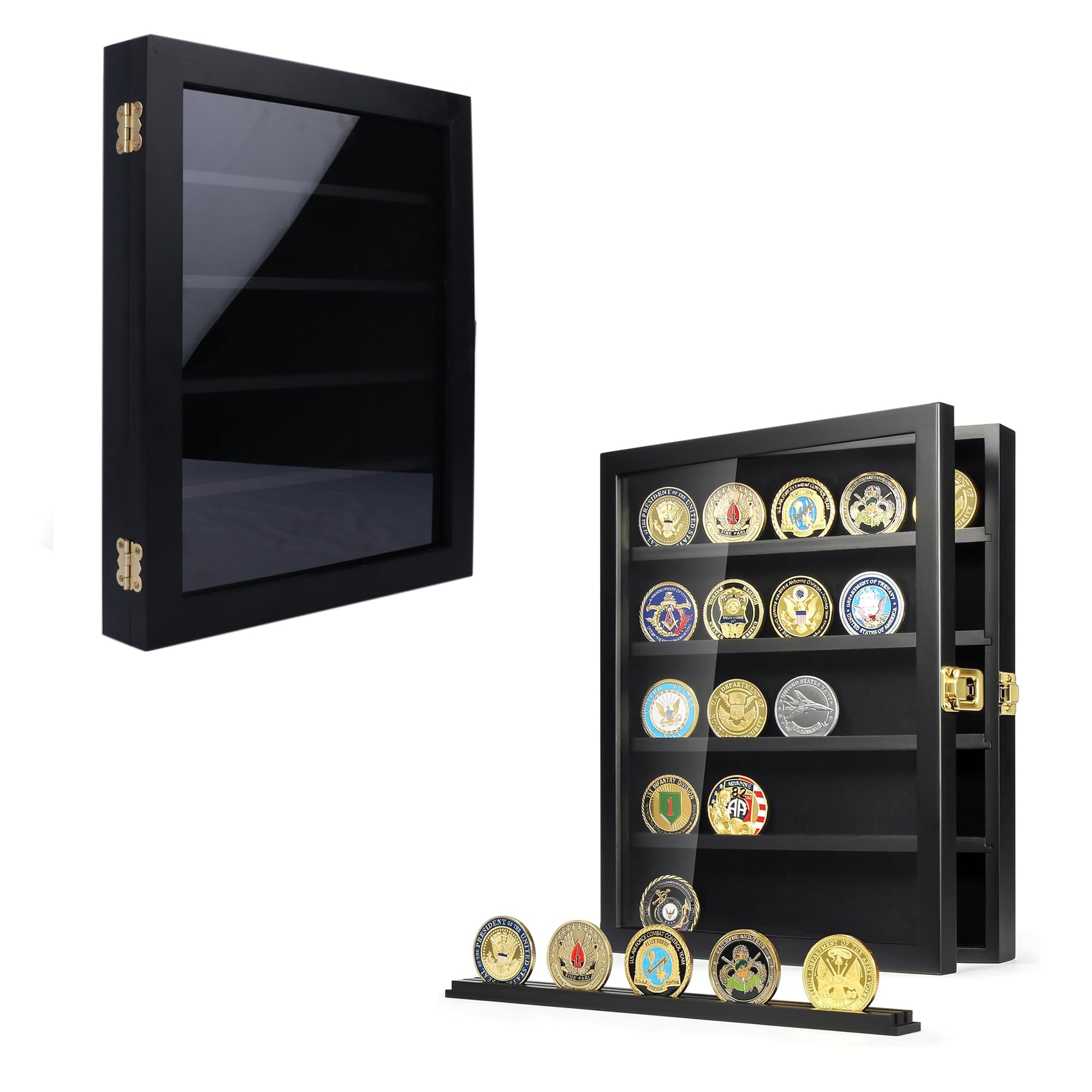 WANLIAN Caja de exhibición de monedas, vitrina para monedas Challenge, pantalla para monedas de madera, pantalla de soporte para monedas militar, montaje en pared con estantes extraíbles (Es negro)