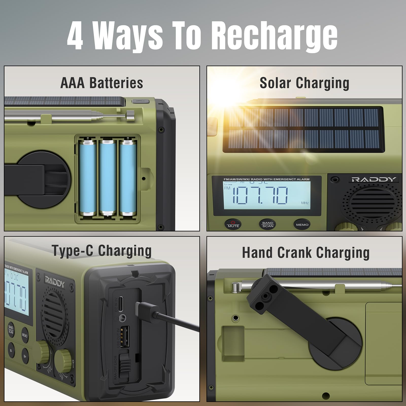 Raddy SH-908 Radio à manivelle IPX6, Radio d'urgence AM/FM/SW avec Solaire & USB, Lampe Torche/Lecture, SOS, Boussole, Chargeur de téléphone pour Camping & coupures de Courant 10 000 mAh, Vert