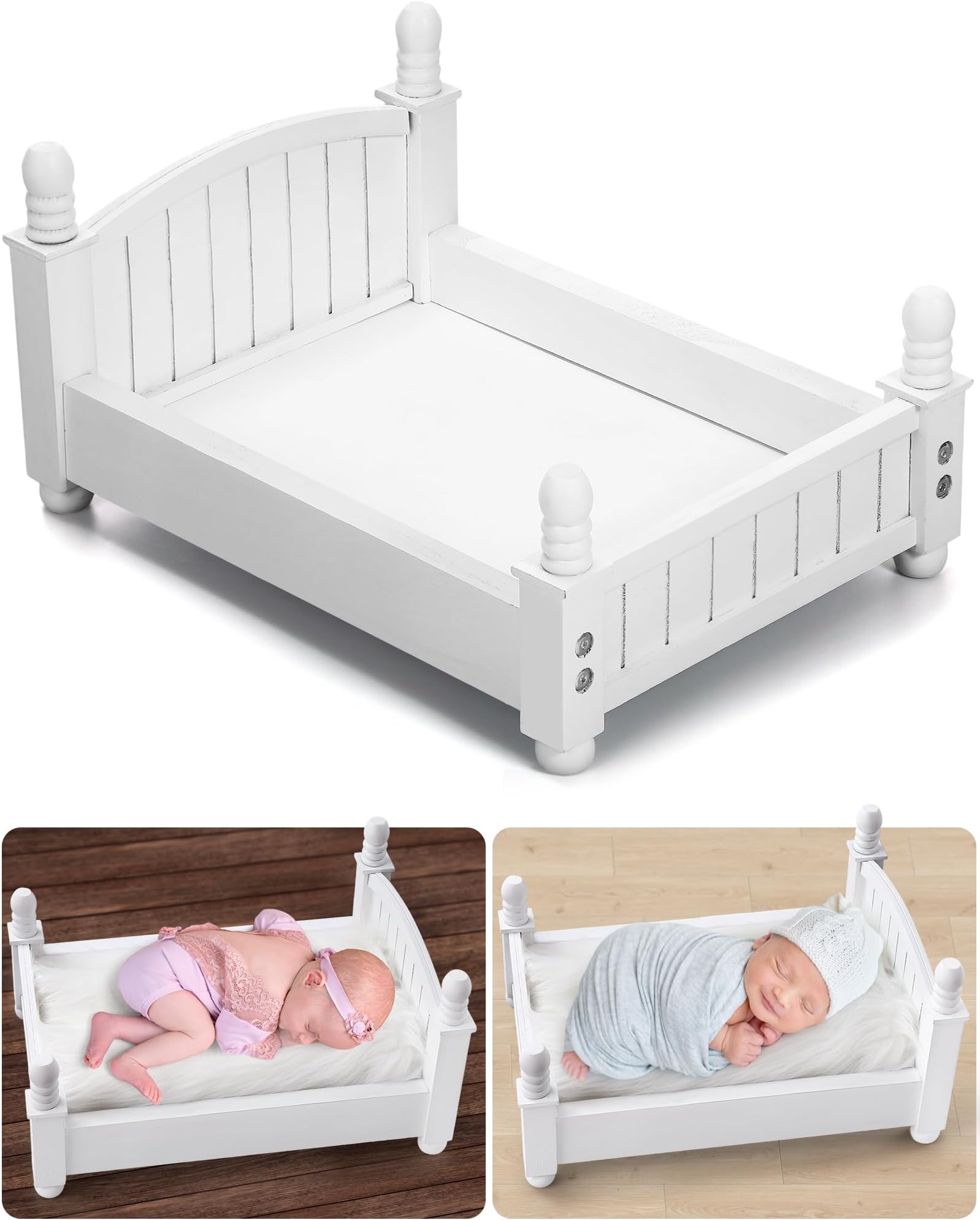 Spiareal Newborn Photography Bed Wooden Newborn Bed Prop for Photography Mini Vintage Photo Props for Studio, 16.2 x 11.8'', Not Real(White)
