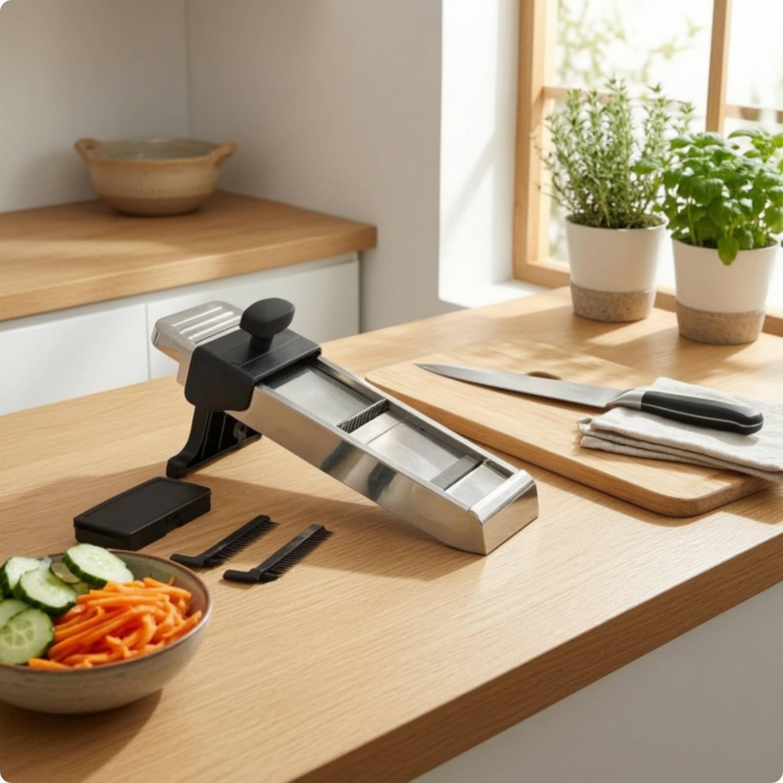 Amagogo Mandolina de Cocina Rebanador Rallador Grosor de 1 Mm a 10 Mm Cuerpo de Acero Inoxidable y Patas Plegables Apta para Patatas y Pepinos