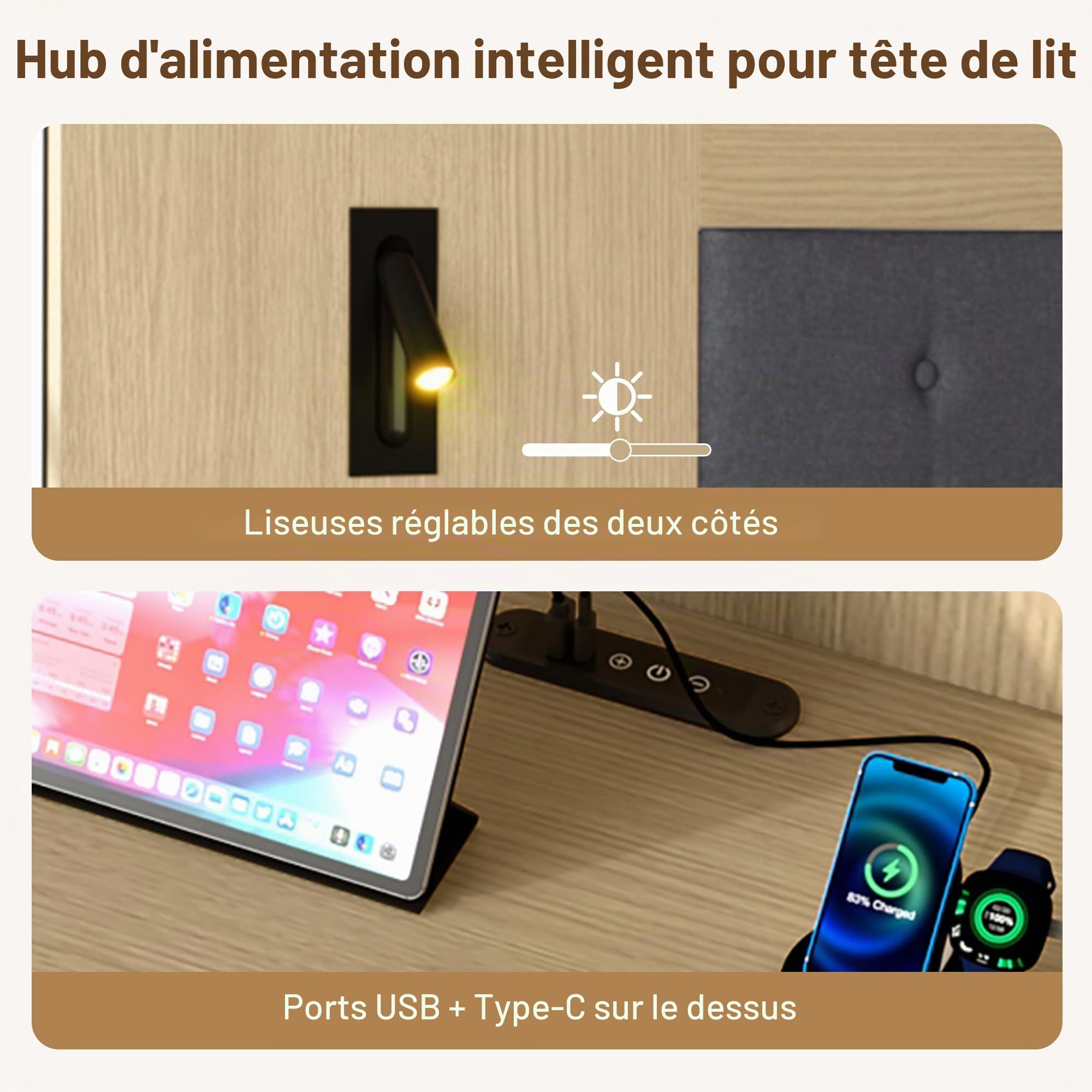 Lit Double 160x200 en Bois avec Rangement, Tête de Lit Rembourrée Intégrées Tables de Chevet Lampes de Lecture et Ports USB/Type-C, Lit avec Rangement pour Chambre Adulte(sans Matelas)