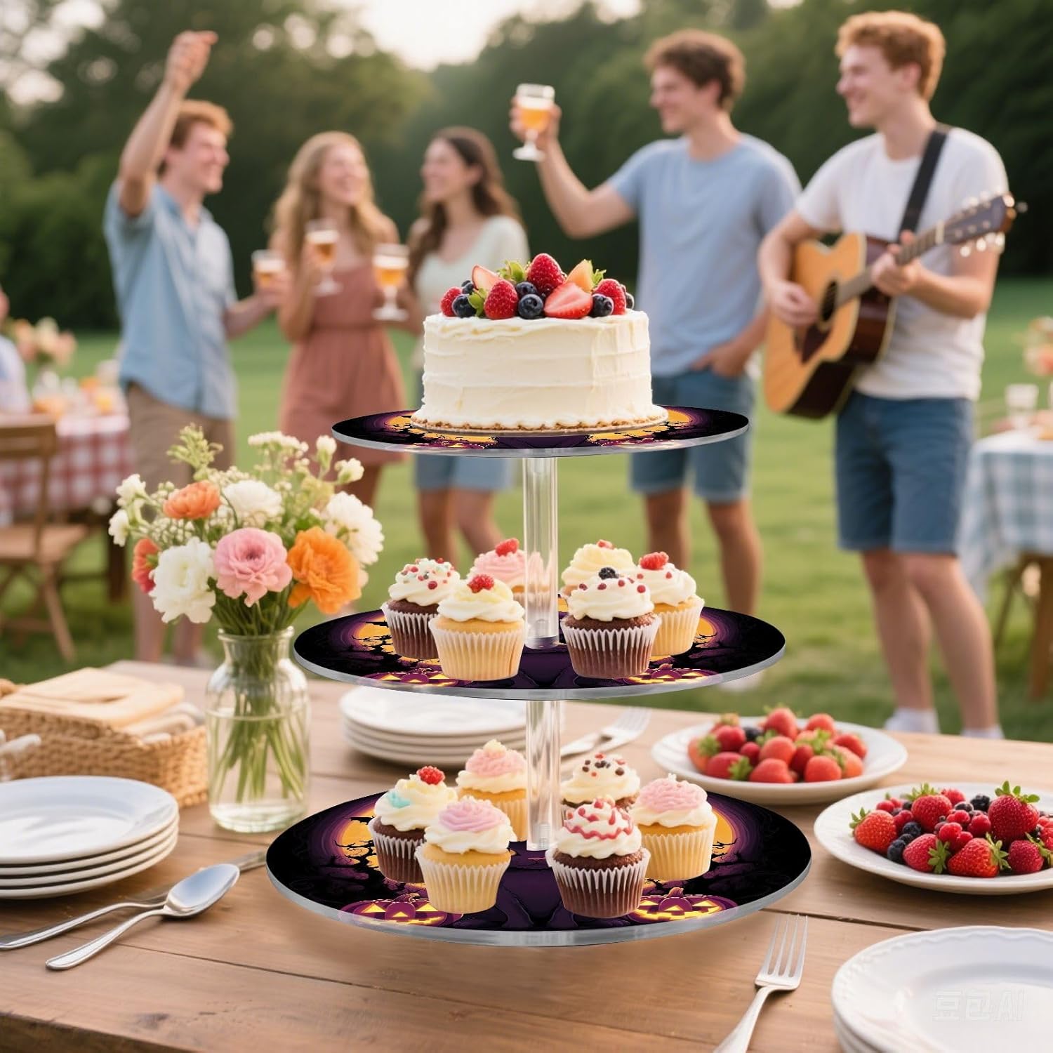 Funny Halloween Cat 3 Tier Cupcake Stand Acrylic Tower Display Holder Dessert Stand Round Serving Tray for Tea Parties Weddings Birthday Celebrations Baby Showers