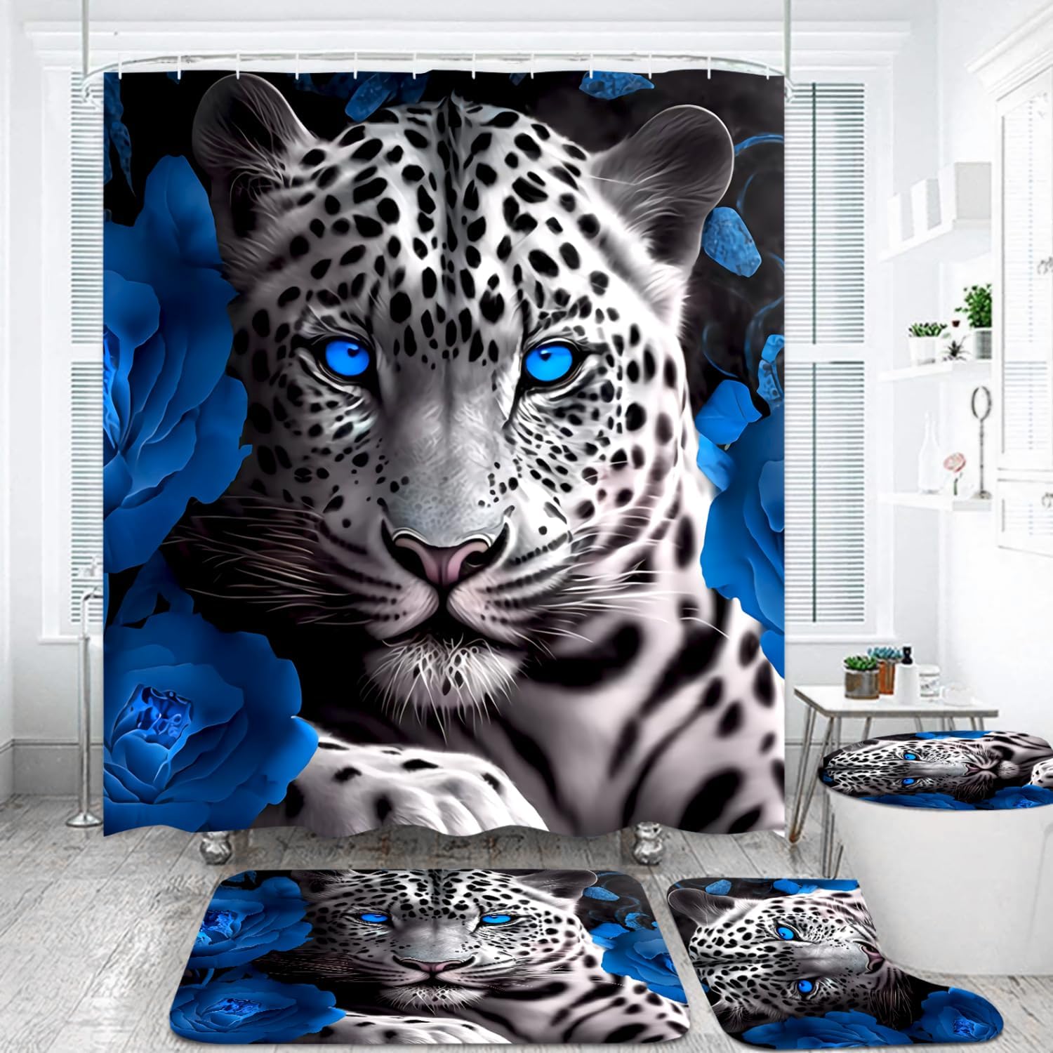 Jirown Blue Rose and Leopard 4 Pcs Shower Curtain Sets - Non-Slip Rug, Toilet Lid Cover, Bath Mat, with 12 Hooks, Bathroom Decor