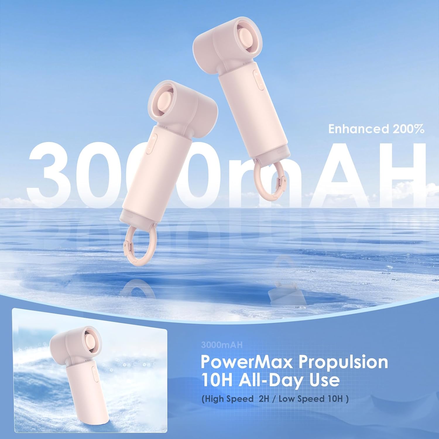 Handheld Portable Mini Fan, Personal Small Pocket Design with Hook, 19500RPM Powerful Motor Trubo, 10H Max Cooling time USB Rechargeable, 5 Speeds for Women/Men/Travel/Beach/Outdoor- Pink