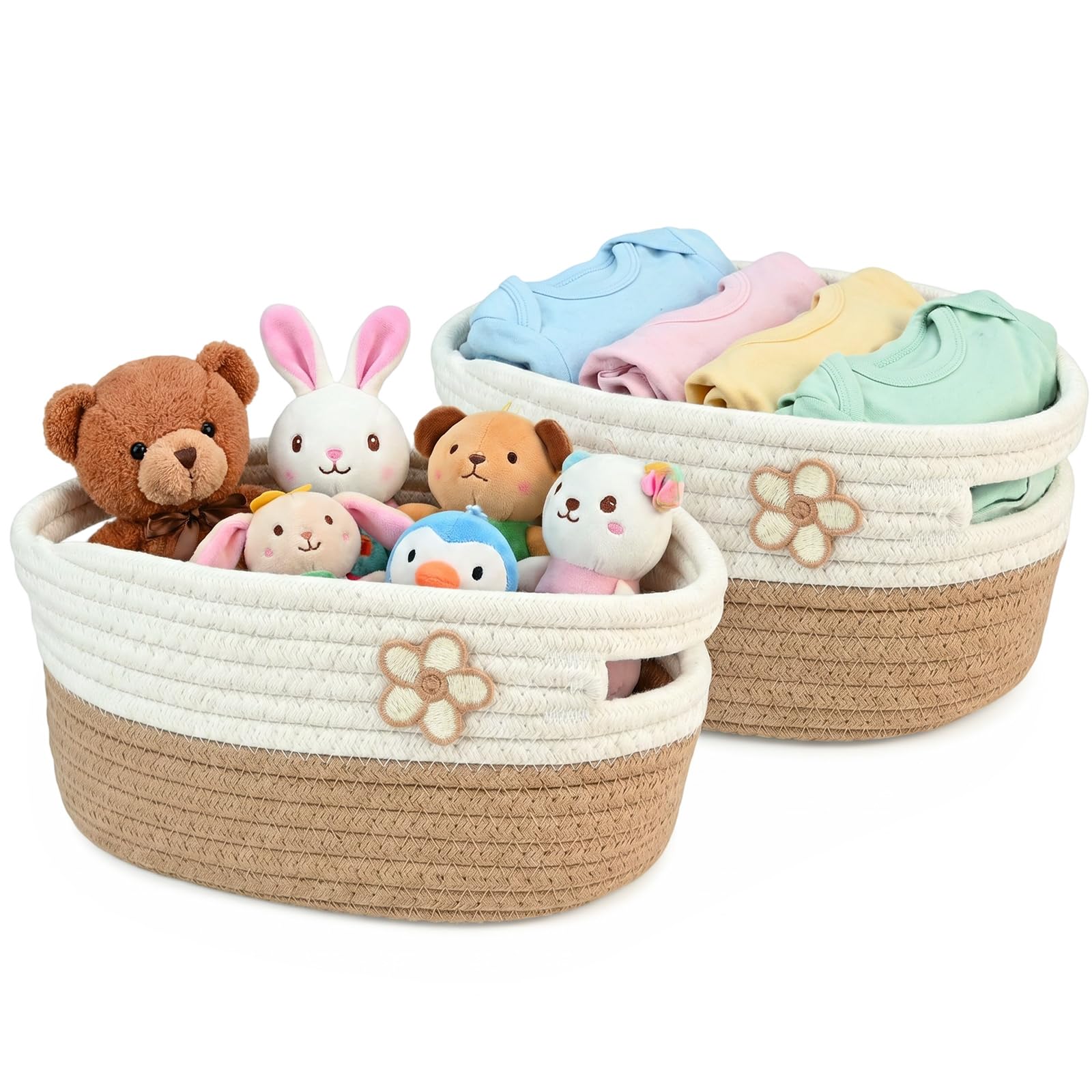 Small Woven Storage Baskets 2 Pack, Thickened Cotton Rope Baskets with Handles for Organizing Nursery Toy Storage Decorative Desktop Baskets for Shelves Bathroom & Bedroom Empty Gift Hamper 22x14x12cm