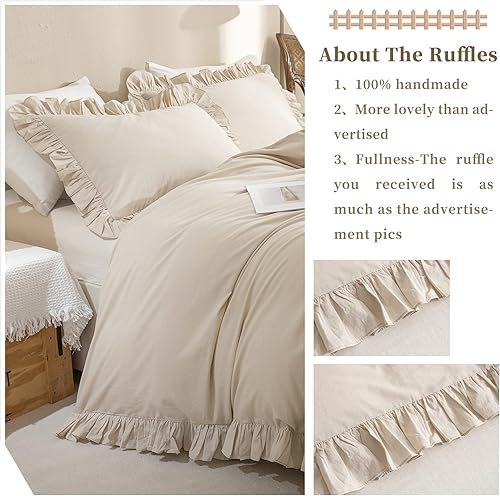 Miniatura 5 de QSH Funda de edredón 100% algodón, tamaño King, con volantes, textura de lino, estilo rústico, estilo vintage, elegante, 3 piezas, estética,