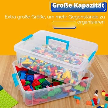 Creahaus 2-Tier Plastic Storage Box with Lid Stackable Storage Box for Crafts Sewing Makeup Nail Care Accessories (Blue)