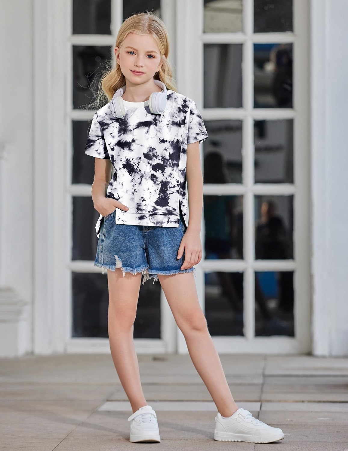 Arshiner Girls 2 Piece Outfit Summer Short Sleeve Loose Fit T-Shirt and Shorts Set Casual Activewear High-Low Hem Sweatshirt