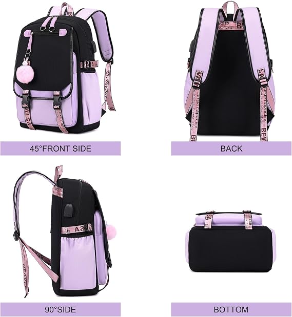 Bevalsa School Backpack Girls Teenager School Bag with School Bags Set Leisure Backpack Large 20L Waterproof School Bag Backpack Casual Daypacks for Children Women (Purple)