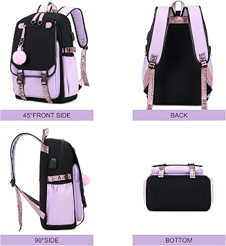 Bevalsa School Backpack Girls Teenager School Bag with School Bags Set Leisure Backpack Large 20L Waterproof School Bag Backpack Casual Daypacks for Children Women (Purple)