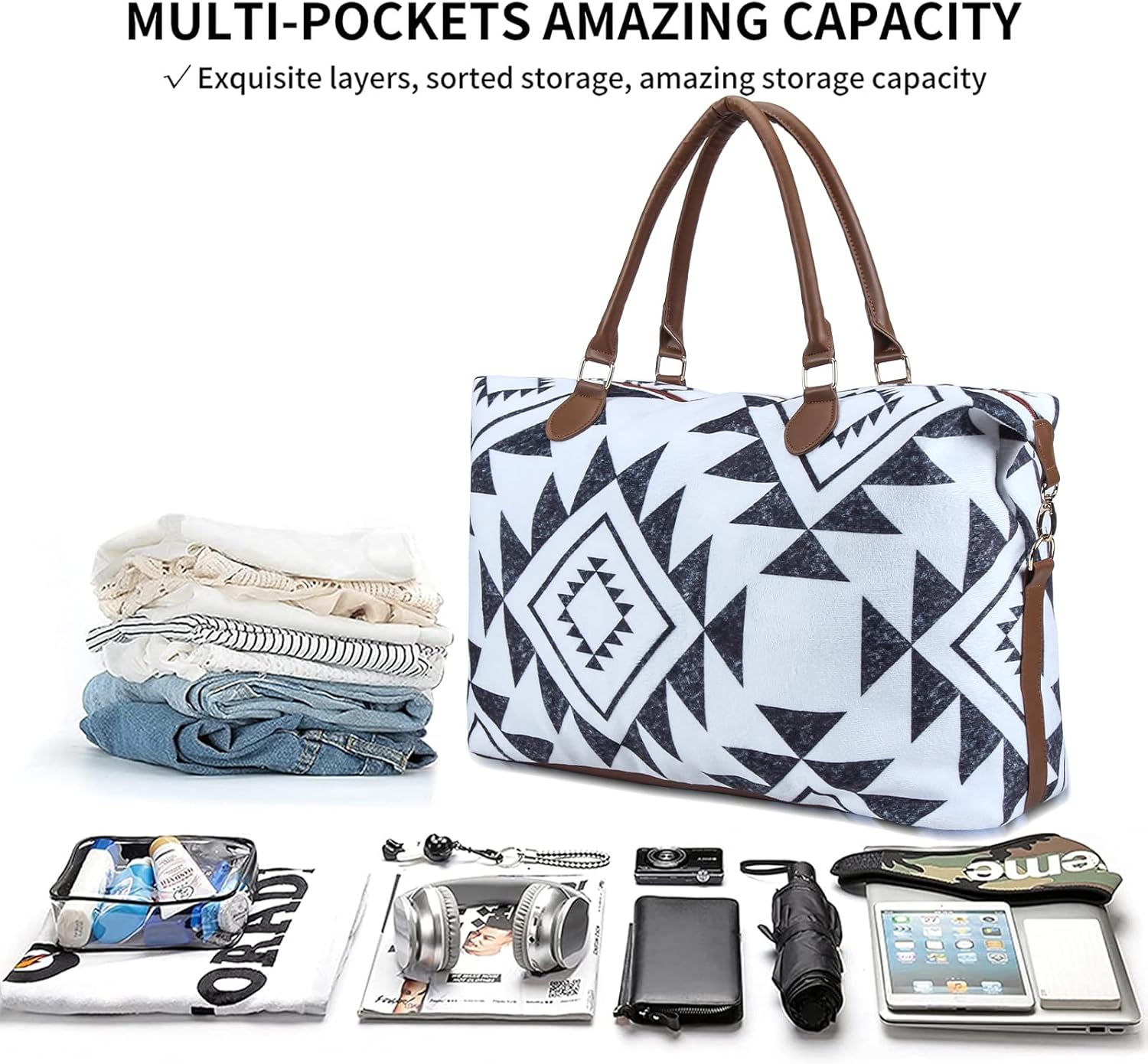 XinblueCo Geometry Print Weekender Bag, Multicolored, Canvas, 24.4 x 15.7 x 8.25 inches, Duffel Bag, Travel Bag, Overnight Bag, Shoulder Strap - Image 5