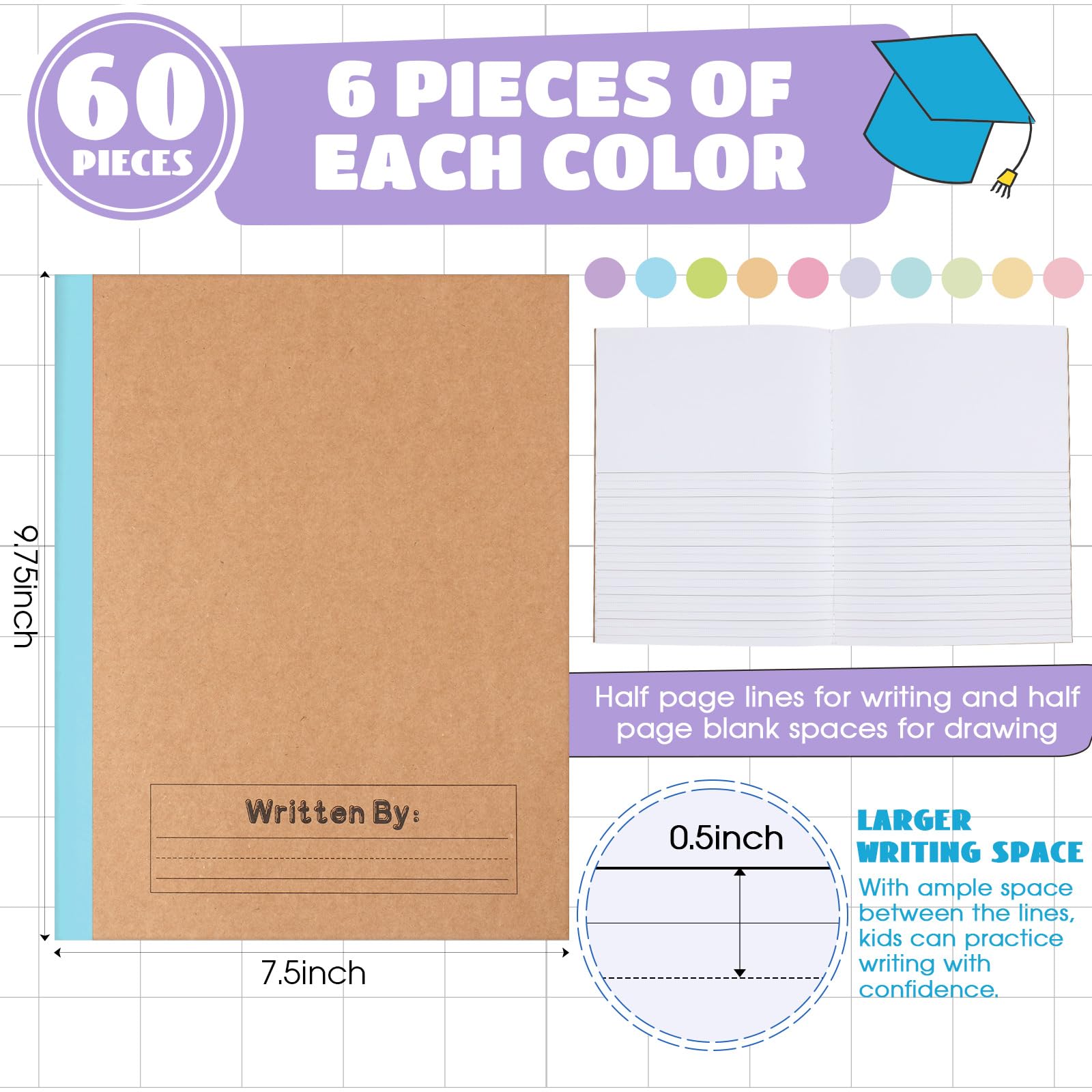 Henoyso Lot de 60 carnets de composition primaire de 24 x 19 cm pour enfants, fournitures scolaires, carnet d'écriture primaire K-2 pour enfants, étudiants, dessiner et écrire des histoires (couleur