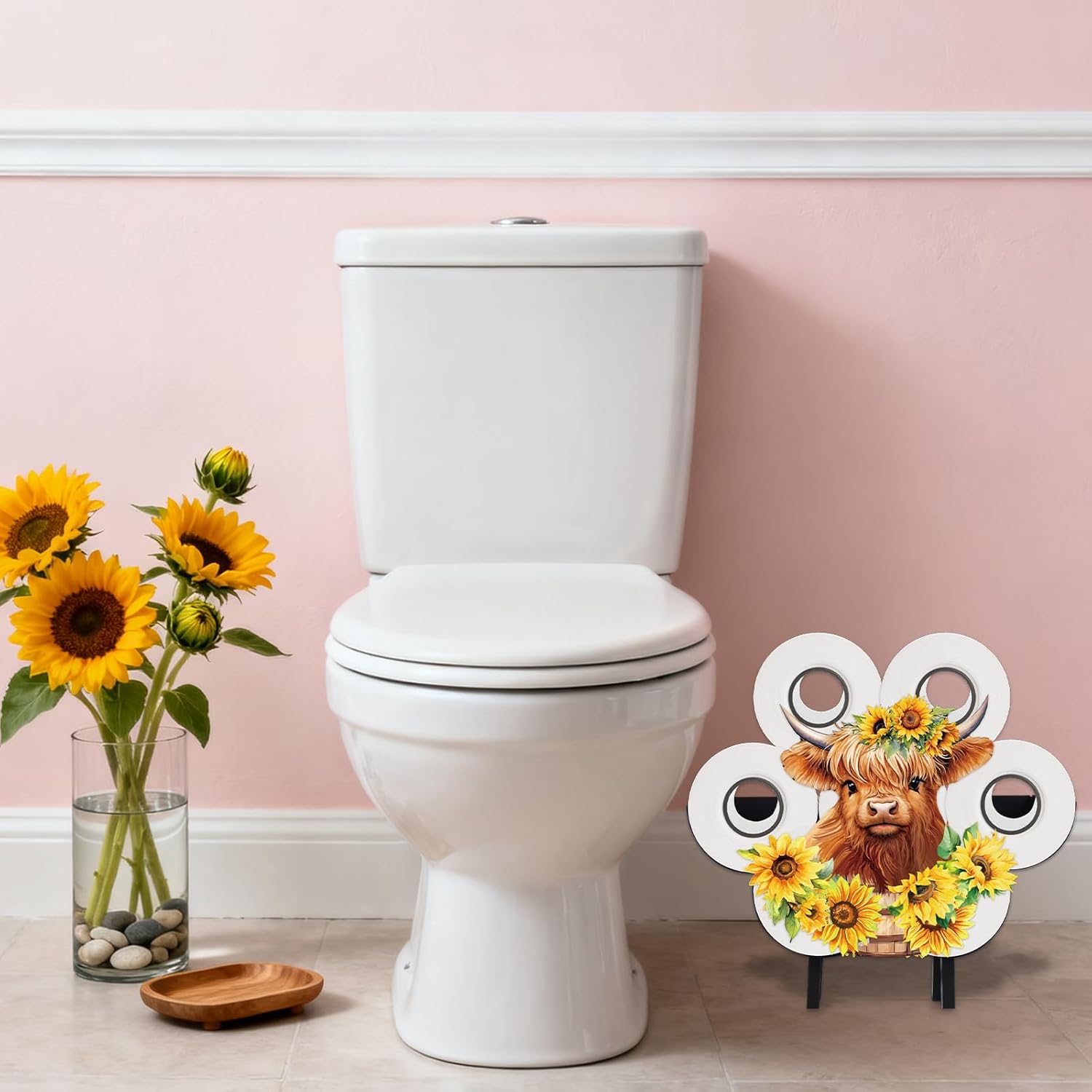 JarThenaAMCS Highland Cow Sunflower Toilet Paper Holder Wall Mounted 8 Rolls Toilet Paper Metal Storage Holder for Farmhouse Home Party Bathroom Bedroom Decoration