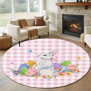 Lsrtoss Round Rug 5Ft, Easter Circle Area Rugs Washable Non-Slip, Spring Watercolor Bunny Eggs Butterflies Pink Plaid Round Carpet Throw Floor Mats Runner for Living Room Bedroom Home Decor Aesthetic